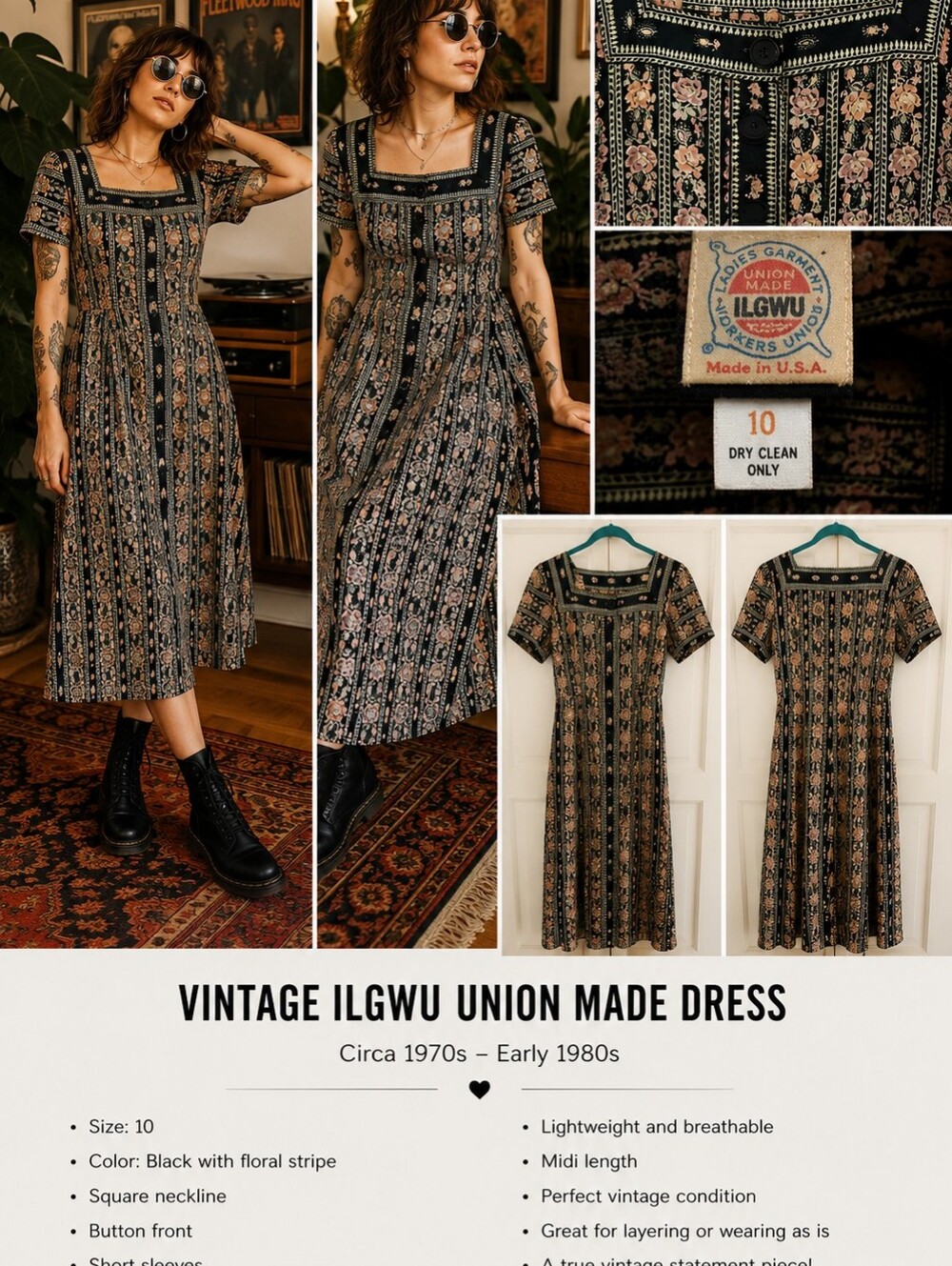 Vintage Womens Union Made Floral Button-Front Midi Dress in Black and Pink